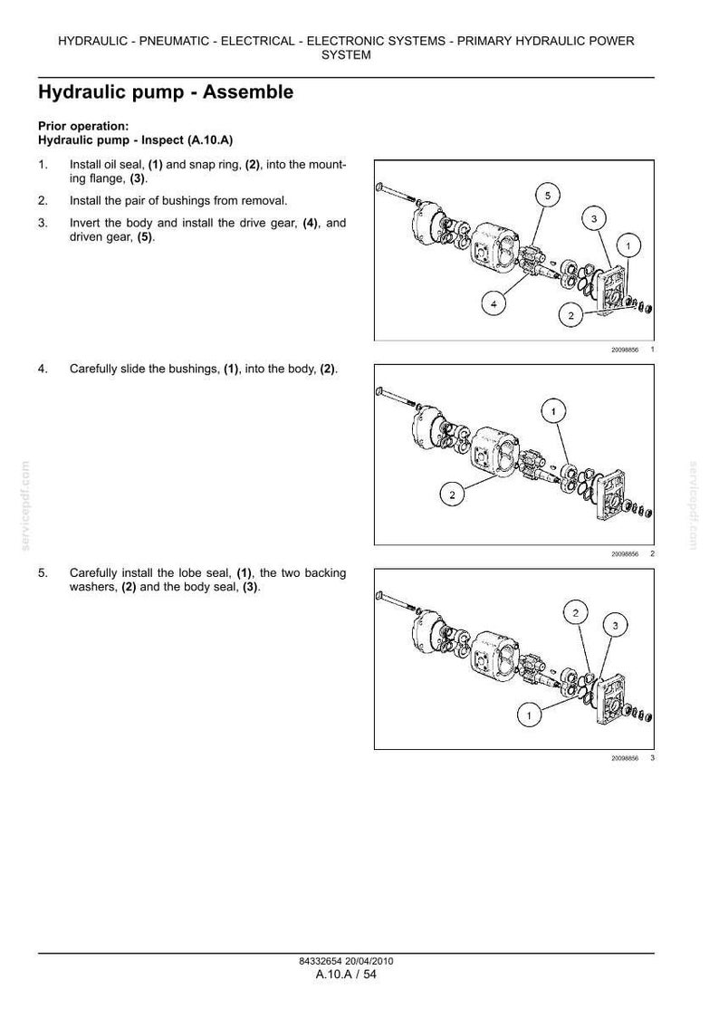 May include: Diagram of a hydraulic pump assembly with numbered components. Instructions detail the installation of oil seals, snap rings, bushings, drive gears, and seals. The image is a technical illustration for mechanical systems.