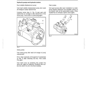 May include: Technical handbook page with diagrams of hydraulic pumps and motors. Includes illustrations of dual variable displacement pumps, gear pumps, and swing pumps, with accompanying text instructions.
