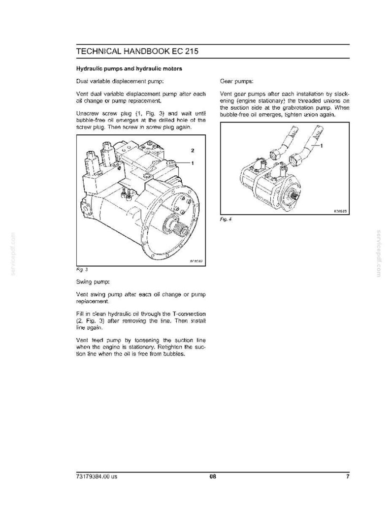 May include: Technical handbook page with diagrams of hydraulic pumps and motors. Includes illustrations of dual variable displacement pumps, gear pumps, and swing pumps, with accompanying text instructions.