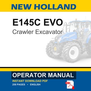 K&ouml;nnte beinhalten: Ein digitales Dokumentencover f&uuml;r das Bedienungshandbuch des New Holland E145C EVO Kettenbaggers. Das Design zeigt einen blauen Traktor auf der rechten Seite, gelbe horizontale Balken oben und unten sowie den Text New Holland E145C EVO.