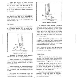 May include: Diagram of a backhoe bucket with instructions for removal, attachment, and transport. Includes illustrations of the bucket and its components, with labels and measurements in inches.
