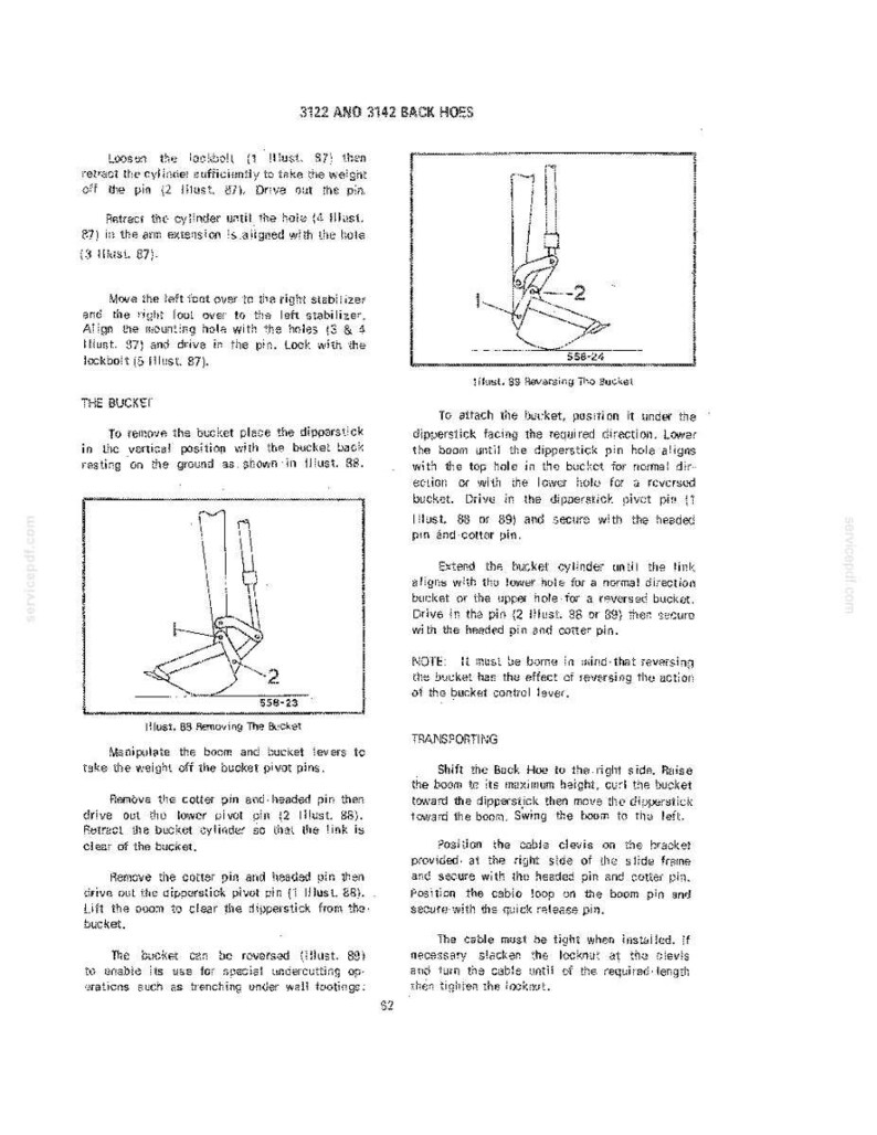 May include: Diagram of a backhoe bucket with instructions for removal, attachment, and transport. Includes illustrations of the bucket and its components, with labels and measurements in inches.