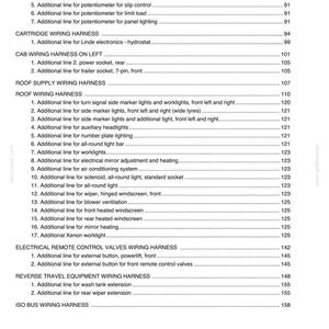May include: A detailed technical document with a table of contents, listing various wiring harness configurations for a vehicle. Includes sections on control panel, cartridge, cab, roof, and electrical remote control valves. The document is dated 07-2005.