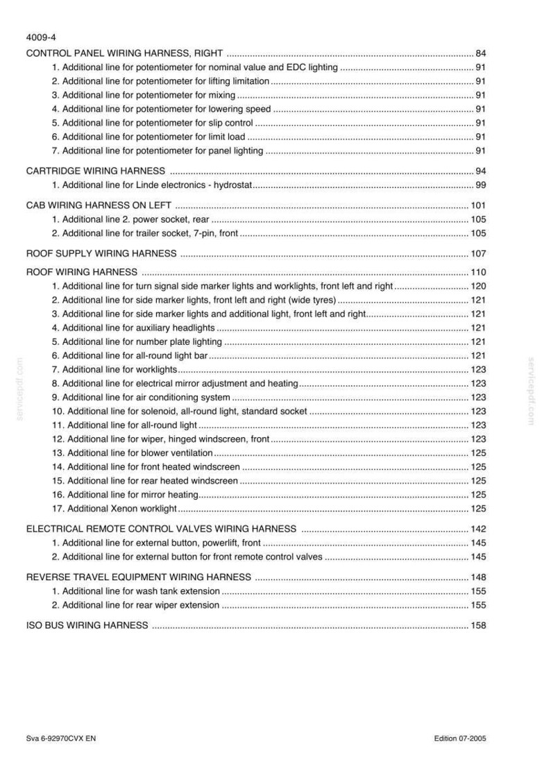 May include: A detailed technical document with a table of contents, listing various wiring harness configurations for a vehicle. Includes sections on control panel, cartridge, cab, roof, and electrical remote control valves. The document is dated 07-2005.