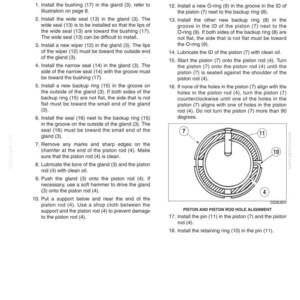 May include: A technical document page titled Assembly containing numbered instructions for mechanical installation. It includes a black and white line drawing labeled PISTON AND PISTON ROD HOLE ALIGNMENT showing components numbered 4, 7, 10, and 11.