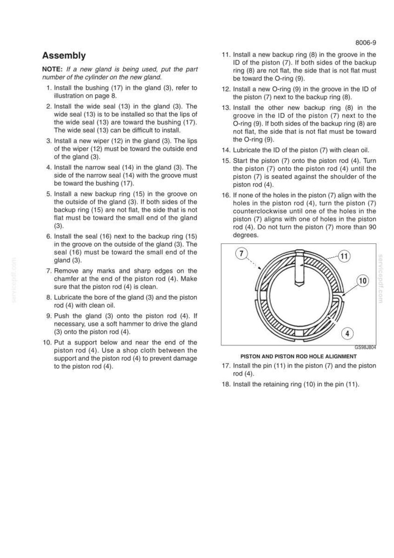 May include: A technical document page titled Assembly containing numbered instructions for mechanical installation. It includes a black and white line drawing labeled PISTON AND PISTON ROD HOLE ALIGNMENT showing components numbered 4, 7, 10, and 11.
