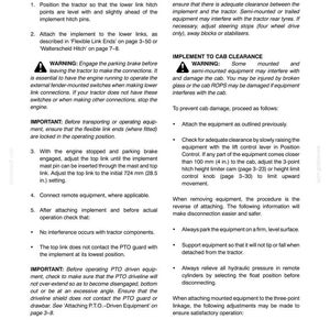May include: A technical document page titled FIELD OPERATION SECTION 3, containing instructions for attaching tractor equipment. It includes numbered steps, warning icons, and text regarding 3-point linkage, implement to cab clearance, and PTO operation.