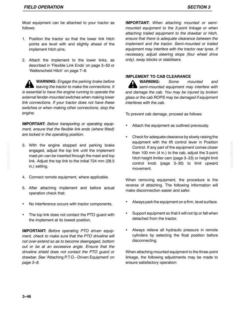 May include: A technical document page titled FIELD OPERATION SECTION 3, containing instructions for attaching tractor equipment. It includes numbered steps, warning icons, and text regarding 3-point linkage, implement to cab clearance, and PTO operation.