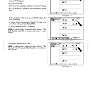 May include: A technical manual page titled 6-WORKING OPERATIONS detailing deactivation conditions for PTO automation. It includes bulleted text instructions and three black and white diagrams showing digital display screens with icons and black arrows.