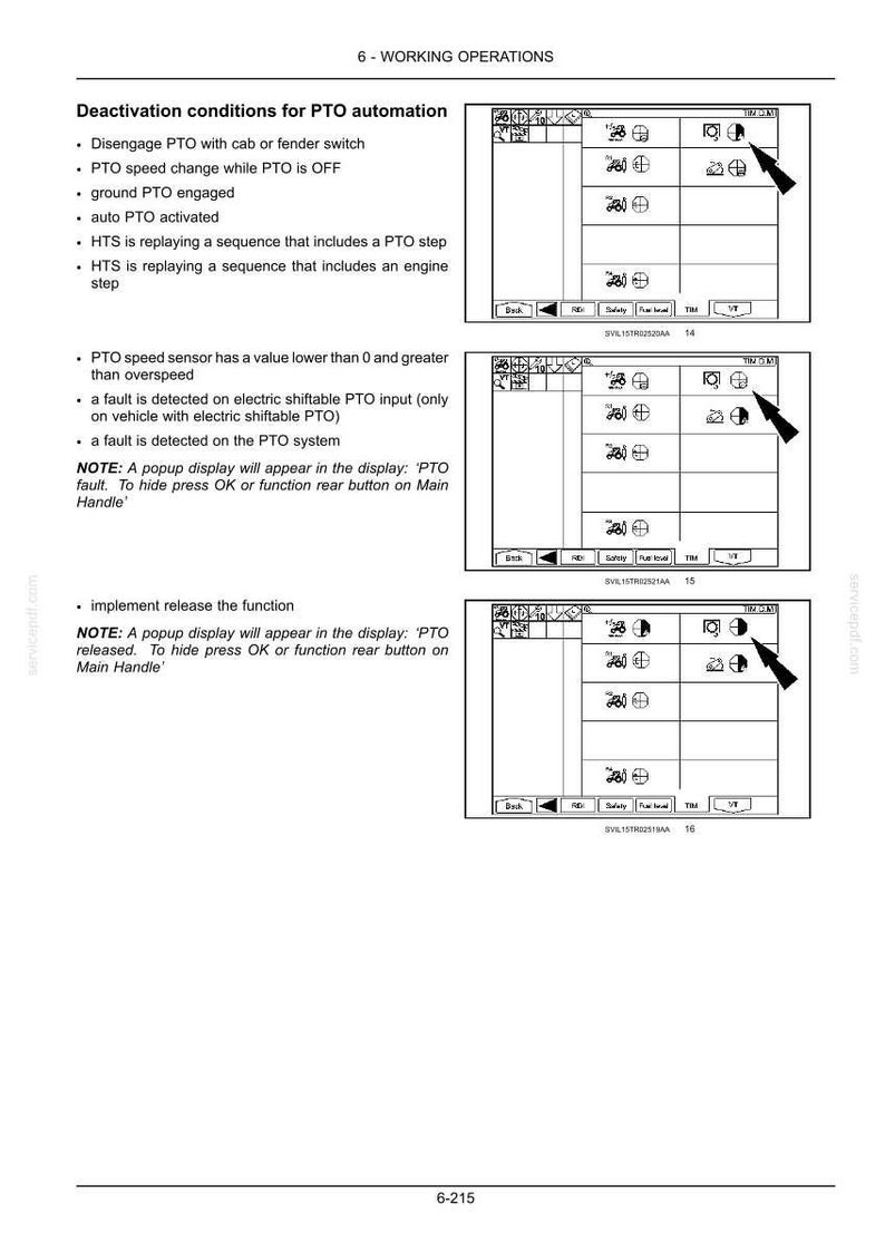 May include: A technical manual page titled 6-WORKING OPERATIONS detailing deactivation conditions for PTO automation. It includes bulleted text instructions and three black and white diagrams showing digital display screens with icons and black arrows.