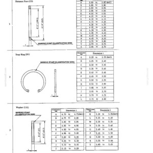 May include: A technical document page titled 4.4 LIST OF PARTS REQUIRING CLEARANCE ADJUSTMENT. It displays diagrams and dimension tables for a Distance Piece, a Snap Ring, and a Washer, including classification signs and specific measurement ranges.