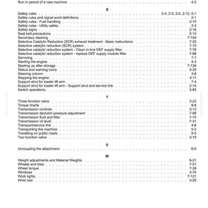 May include: A page from a technical manual index featuring alphabetical entries from R to W. The text lists various machine maintenance and safety topics, including hydraulic systems, safety rules, selective catalytic reduction, and transmission controls with page numbers.