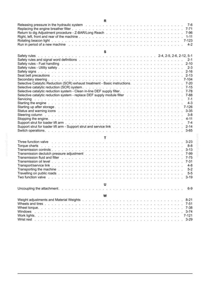 May include: A page from a technical manual index featuring alphabetical entries from R to W. The text lists various machine maintenance and safety topics, including hydraulic systems, safety rules, selective catalytic reduction, and transmission controls with page numbers.