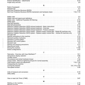 May include: A detailed table of contents from a manual, featuring a list of topics and page numbers. Topics include safety rules, machine operation, and maintenance procedures. The text is in black on a white background.