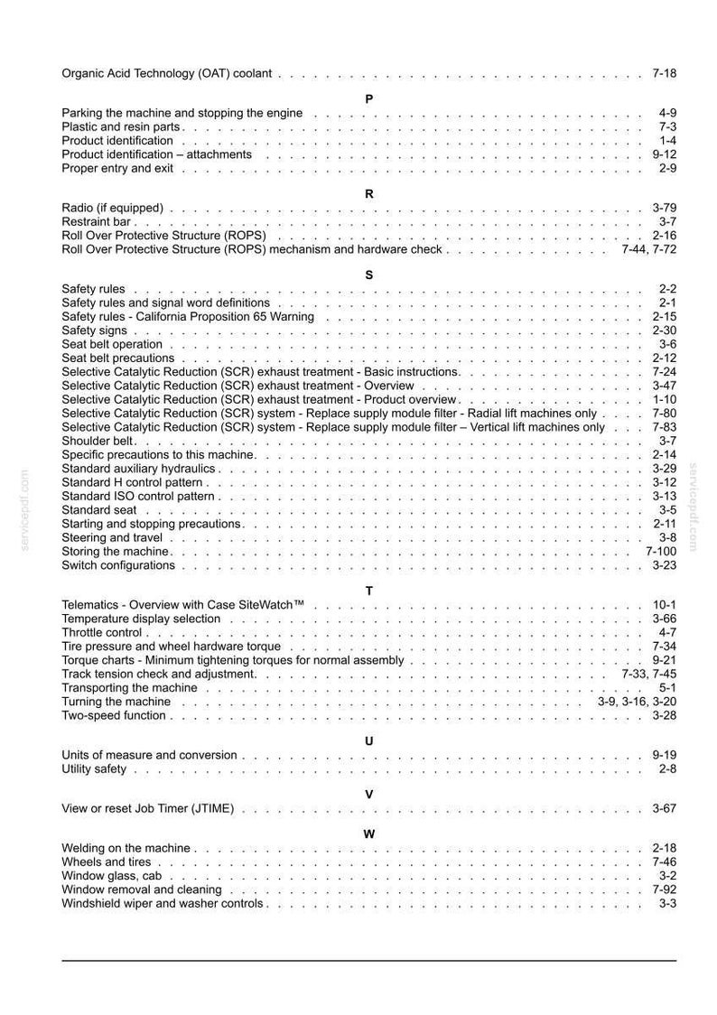 May include: A detailed table of contents from a manual, featuring a list of topics and page numbers. Topics include safety rules, machine operation, and maintenance procedures. The text is in black on a white background.