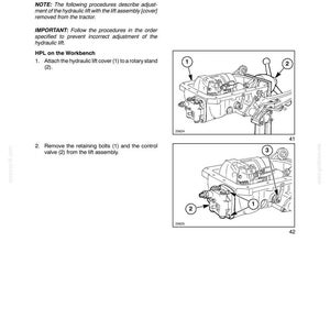May include: A page from a manual detailing hydraulic system adjustments. The text includes instructions for adjusting the HPL on a workbench, with diagrams of the hydraulic lift assembly. The diagrams are labeled with numbers for reference.