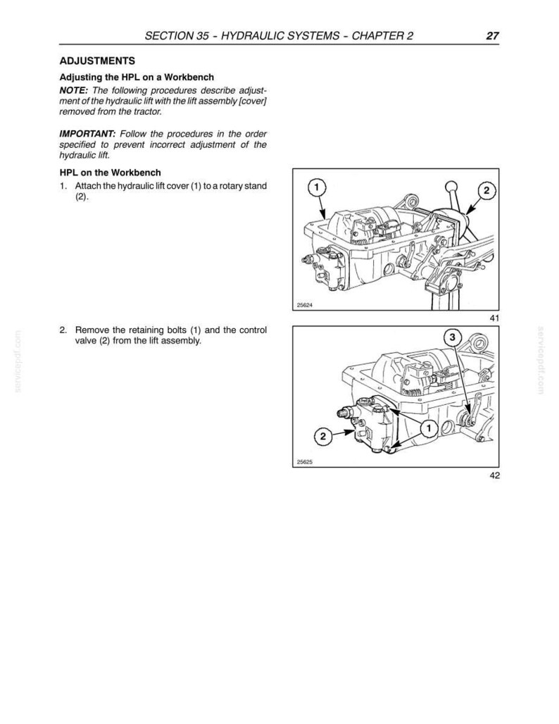 May include: A page from a manual detailing hydraulic system adjustments. The text includes instructions for adjusting the HPL on a workbench, with diagrams of the hydraulic lift assembly. The diagrams are labeled with numbers for reference.