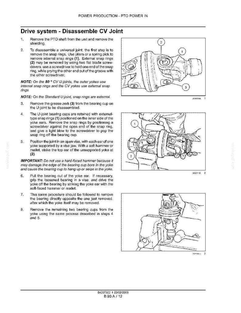 May include: Diagram of a drive system disassembly process for a CV joint. The image includes numbered steps with illustrations of tools and components, such as snap rings and bearing cups. Text instructions accompany the diagrams.
