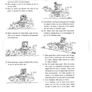 Pu&ograve; includere: Una pagina di manuale tecnico intitolata 1-2. Safety while working, con disegni al tratto in bianco e nero di una pala gommata e di un operatore. Il testo fornisce otto istruzioni di sicurezza numerate riguardanti l'uso della macchina.