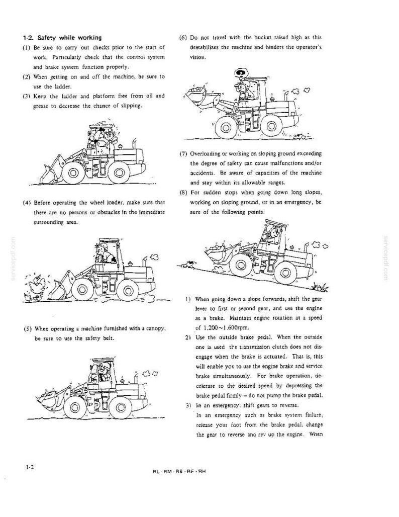 Pu&ograve; includere: Una pagina di manuale tecnico intitolata 1-2. Safety while working, con disegni al tratto in bianco e nero di una pala gommata e di un operatore. Il testo fornisce otto istruzioni di sicurezza numerate riguardanti l'uso della macchina.