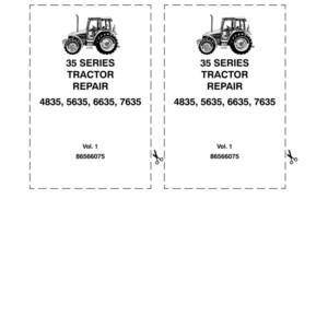 May include: Two identical rectangular paper labels with dashed cut lines and scissor icons. Each label features a black and white tractor illustration, the text 35 SERIES TRACTOR REPAIR, model numbers 4835, 5635, 6635, 7635, Vol. 1, and 86566075.