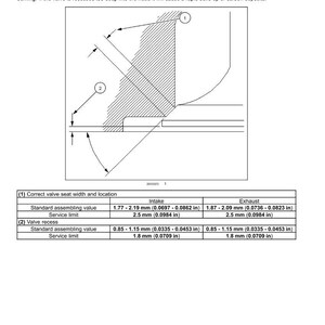 May include: Diagram of an engine cylinder head, detailing valve seat inspection. Includes measurements in inches for intake and exhaust, with standard and service limits. Text includes "Valve seat - Inspect" and measurement values.