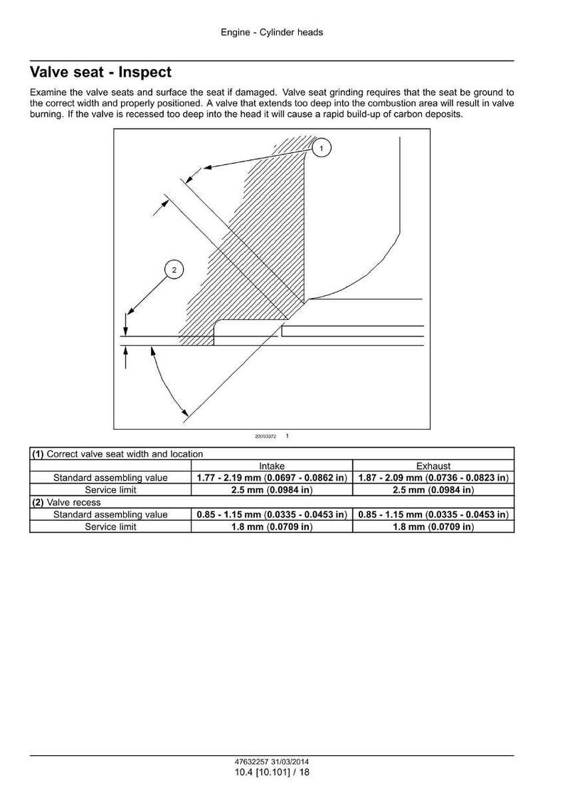 May include: Diagram of an engine cylinder head, detailing valve seat inspection. Includes measurements in inches for intake and exhaust, with standard and service limits. Text includes "Valve seat - Inspect" and measurement values.