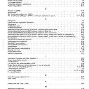 May include: A white document page with a table of contents, listing topics like safety rules, seat belt operation, and machine maintenance. The document is likely a manual for a machine.