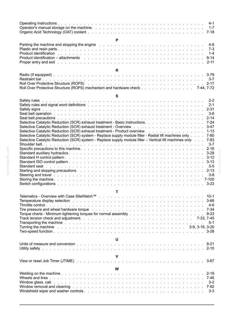 May include: A white document page with a table of contents, listing topics like safety rules, seat belt operation, and machine maintenance. The document is likely a manual for a machine.