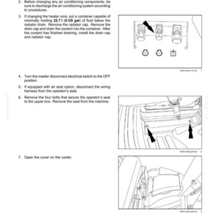 May include: Diagram of automotive air conditioning system components with arrows pointing to specific parts. Text instructions detail the removal of the evaporator/heater coil, including steps for draining coolant and disconnecting wiring.
