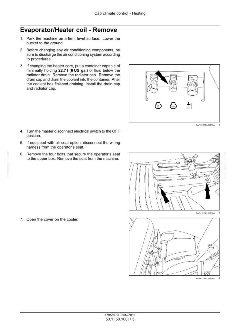 May include: Diagram of automotive air conditioning system components with arrows pointing to specific parts. Text instructions detail the removal of the evaporator/heater coil, including steps for draining coolant and disconnecting wiring.