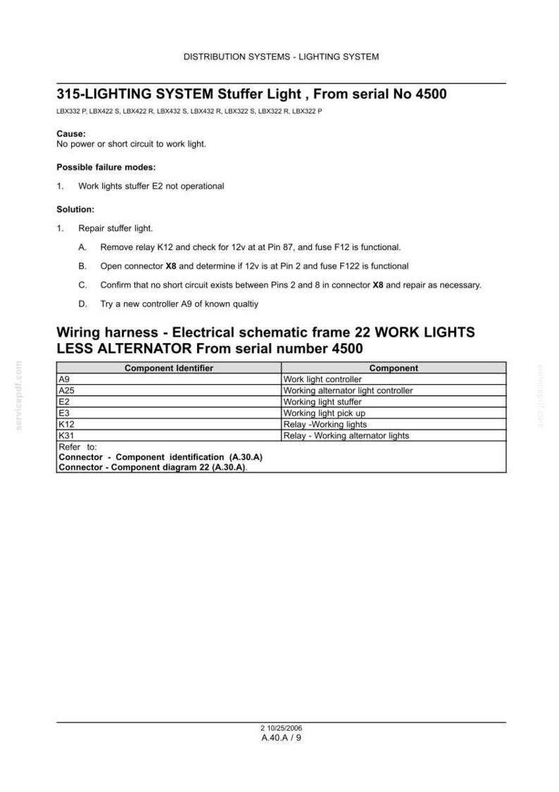 May include: A technical document detailing the 315-Lighting System Stuffer Light, including troubleshooting steps and a wiring harness schematic. The document includes component identifiers and possible failure modes.
