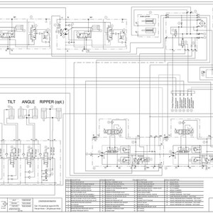 May include: Detailed engineering schematic with interconnected lines, symbols, and text labels. The diagram includes sections labeled "LIFT," "TILT," "ANGLE," and "RIPPER (opt.)." The layout is on a white background, with a key at the bottom.