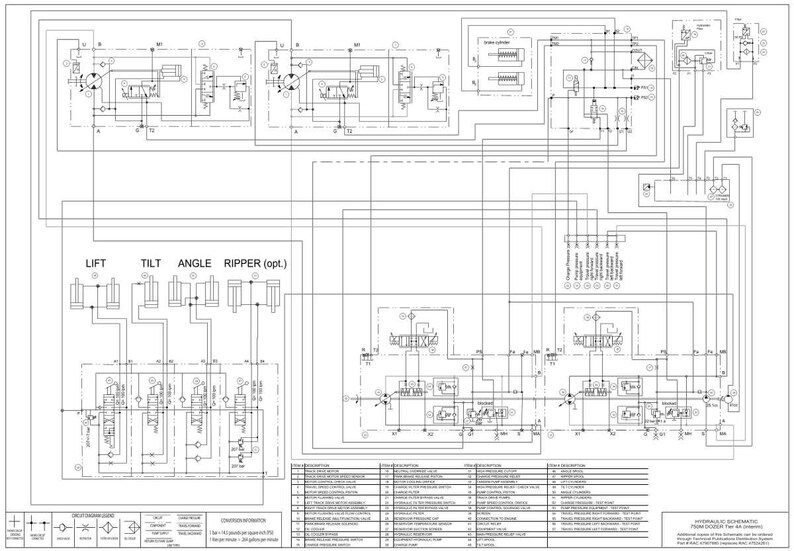 May include: Detailed engineering schematic with interconnected lines, symbols, and text labels. The diagram includes sections labeled "LIFT," "TILT," "ANGLE," and "RIPPER (opt.)." The layout is on a white background, with a key at the bottom.