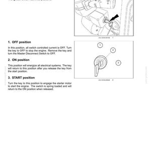 May include: Diagram of a steering column ignition switch with three positions: OFF, ON, and START. The image includes illustrations of the key and switch, with labels indicating each position and its function. Text explains the operation of each position.