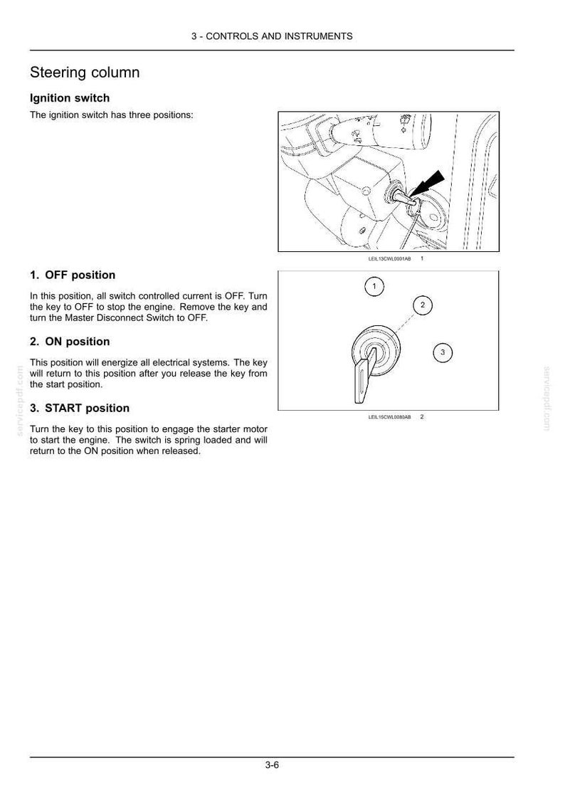 May include: Diagram of a steering column ignition switch with three positions: OFF, ON, and START. The image includes illustrations of the key and switch, with labels indicating each position and its function. Text explains the operation of each position.