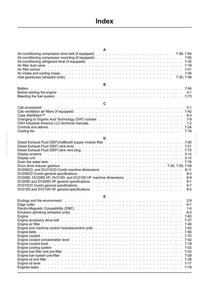 May include: Index page from a technical manual, featuring a list of terms and page numbers. The text is black on a white background, organized alphabetically with section headings.
