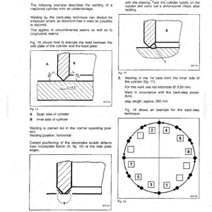 May include: Diagrams and text detailing repair welding techniques for metal cylinders. Includes illustrations of welding steps, electrode positioning, and dimensional checks. The text explains the back-step technique and its application.