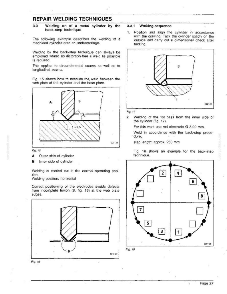 May include: Diagrams and text detailing repair welding techniques for metal cylinders. Includes illustrations of welding steps, electrode positioning, and dimensional checks. The text explains the back-step technique and its application.