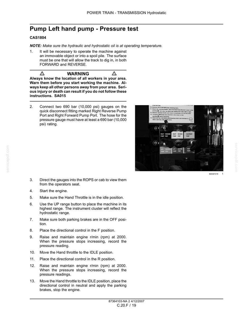 Op de afbeelding: Een technisch document met instructies voor een hydrostatische druktest op een pomp. Het document bevat veiligheidswaarschuwingen, schema's en stapsgewijze procedures voor het testen van de pomp.