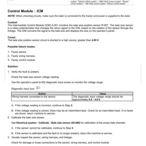 May include: A technical document detailing fault codes for electrical systems, specifically focusing on a bale size position sensor. The document includes troubleshooting steps, possible failure modes, and diagnostic input information.