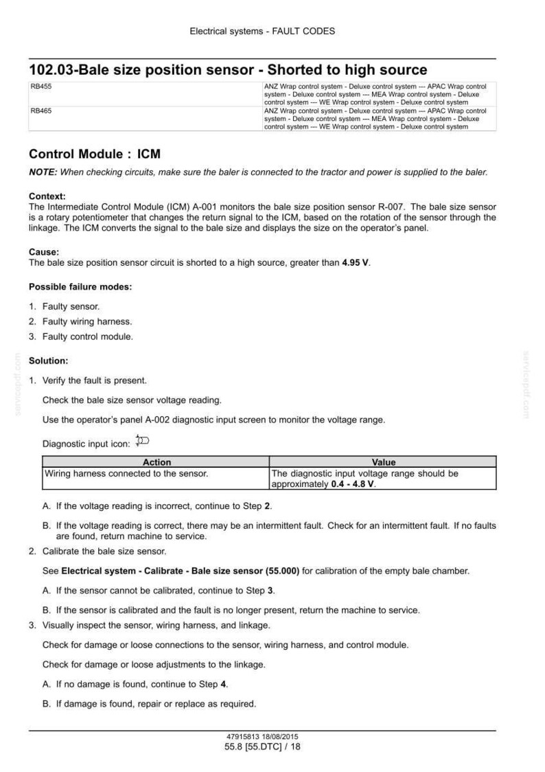 May include: A technical document detailing fault codes for electrical systems, specifically focusing on a bale size position sensor. The document includes troubleshooting steps, possible failure modes, and diagnostic input information.