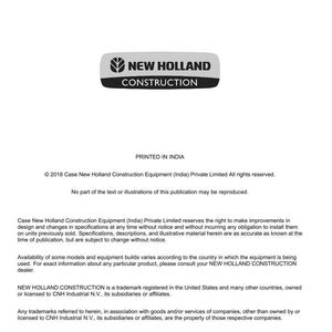 May include: A printed document featuring the "NEW HOLLAND CONSTRUCTION" logo in a gray and black oval. The document includes text about the company, copyright information, and contact details.
