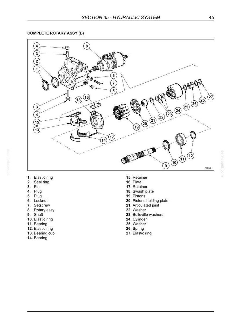 May include: Detailed diagram of a hydraulic system, labeled with part names. Components include elastic rings, bearings, pistons, and a rotary assembly. The diagram is a technical illustration for engineering or repair purposes.
