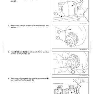 May include: Diagram illustrating hydraulic system service instructions for accumulator charging. Includes numbered steps with images showing the process of clamping, removing a cap, inserting an orifice disk, and installing fittings. Measurements are in inches.
