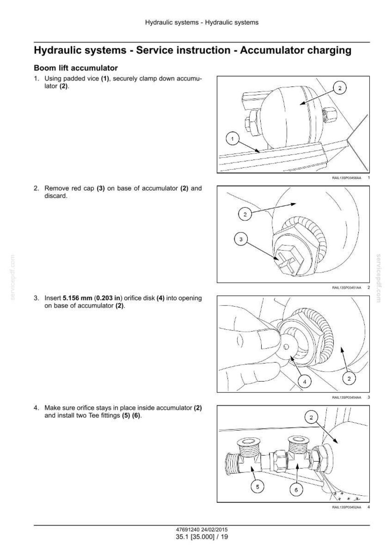 May include: Diagram illustrating hydraulic system service instructions for accumulator charging. Includes numbered steps with images showing the process of clamping, removing a cap, inserting an orifice disk, and installing fittings. Measurements are in inches.