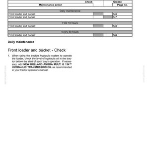 May include: A maintenance chart document titled 5-MAINTENANCE featuring a table for front loader and bucket tasks. It includes sections for daily maintenance, first 10 hours, and every 50 hours, with instructions for checking hydraulic oil levels.