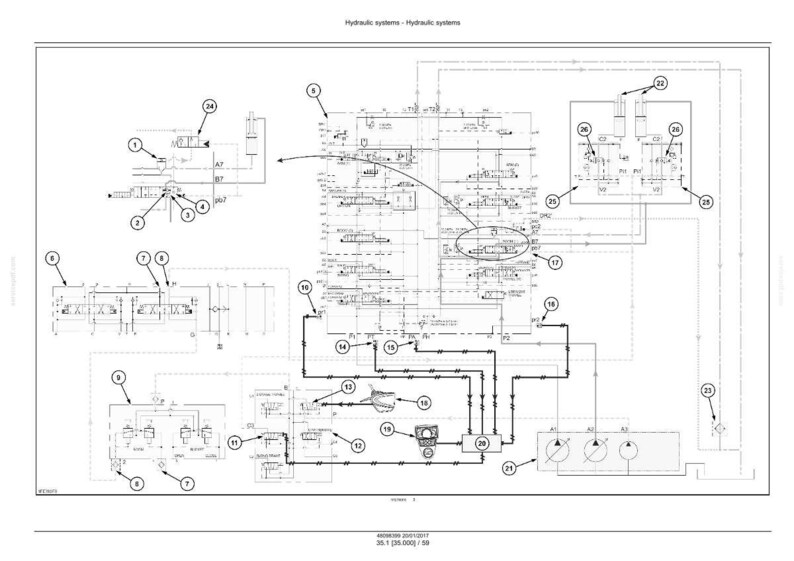 May include: A detailed technical diagram of a hydraulic system, rendered in black and white. The schematic includes various components, lines, and symbols, with numbered callouts. The diagram is labeled "Hydraulic systems - Hydraulic systems".