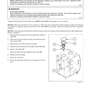 Puede incluir: Diagrama de un filtro de retorno de aceite hidr&aacute;ulico con componentes numerados, incluyendo una tapa, junta t&oacute;rica, resorte, v&aacute;lvula y filtro. El texto proporciona instrucciones de mantenimiento y advertencias de seguridad.