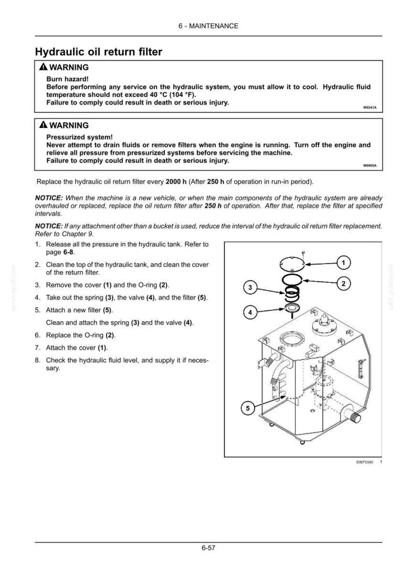 Puede incluir: Diagrama de un filtro de retorno de aceite hidr&aacute;ulico con componentes numerados, incluyendo una tapa, junta t&oacute;rica, resorte, v&aacute;lvula y filtro. El texto proporciona instrucciones de mantenimiento y advertencias de seguridad.